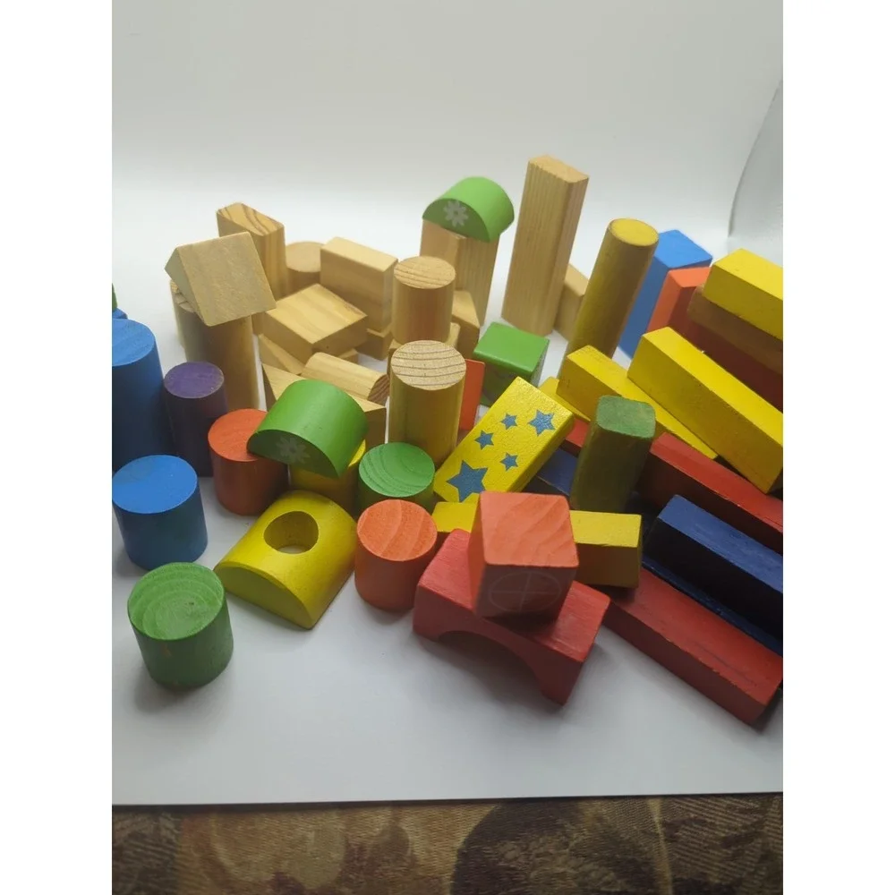 65 Wooden Building Blocks Lot Mixed Shapes Kids Toys Educational